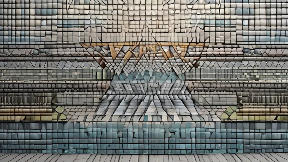 mural a mosaico con pattern geometrici e forme astratte, studio pulito con un softbox, profondità di campo sottile, fotorealistico, focus netto, dettagli alti