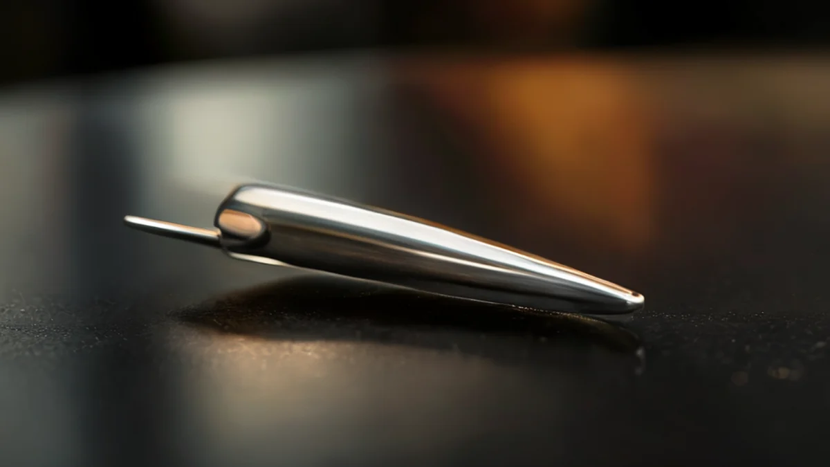 Une petite aiguille d'argent, pointe, brillante et lisse, reposant sur une table noire sous une lumière chaude de côté, champ de profondeur faible, réalisme photo, focus aigu, détails élevés