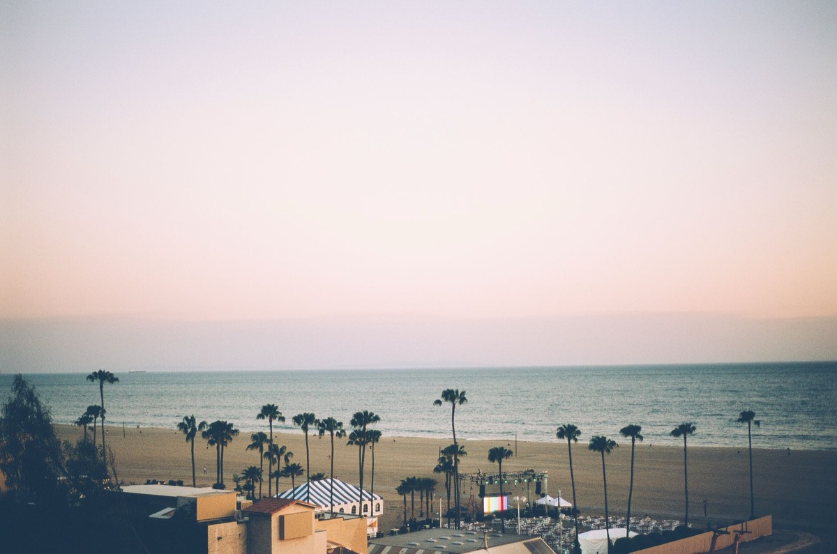 Santa Monica beachfront hotel lobby with modern decor and ocean view
