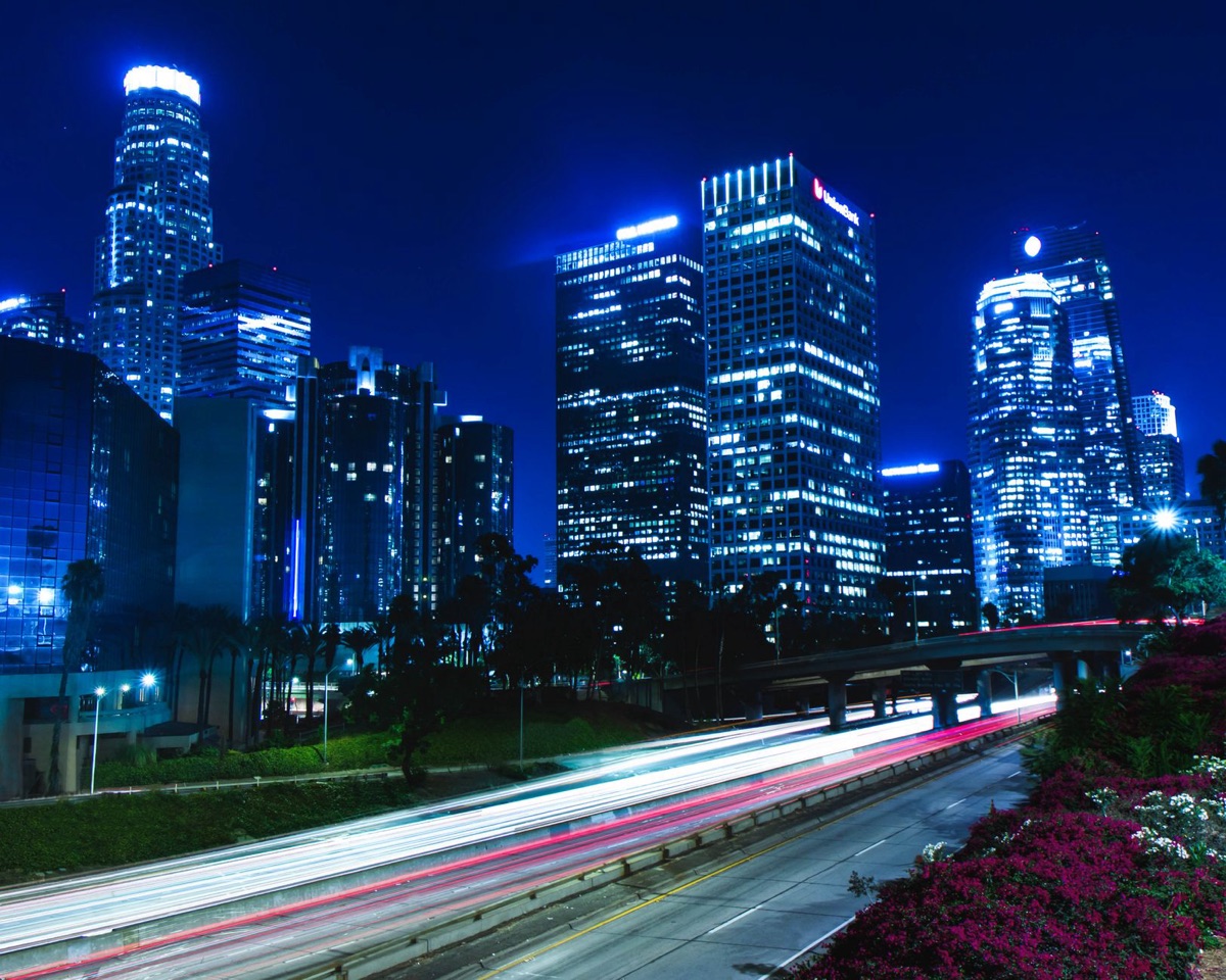 Los Angeles cityscape at night with streetlights and buildings